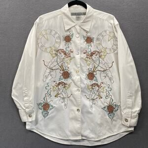 Vtg 90s Stratos Embroidered Button Down Shirt M Coastal Boho Chic Indie Vanguard